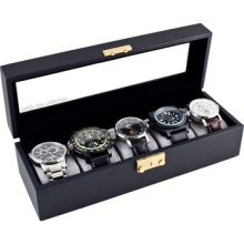 Black Watch Box Glass Top Watch Display Watch Case With Lock And Key Holds 5