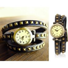 Black Women Bracelet Analog Watch Decorated Three Loops Cowhide - Black - Adjustable - Other