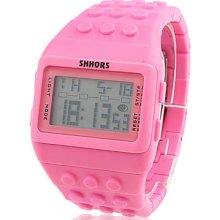 Block Bricks Design Band Watch Wrist with Night Light (Pink)