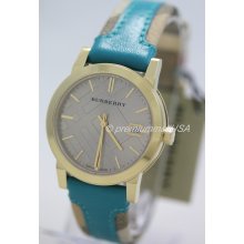 BU9112 Burberry women watch 34mm nova check turquoise leather date gold plated - Gold - Leather