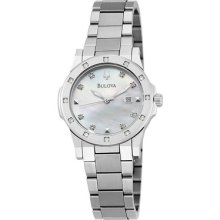 Bulova 96r124 Ladies 20 Diam Stainless Steel Dress Watch Mother Of Pearl Dial