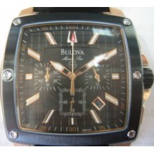 Bulova Marine Star Men's Watch Chrono Rose Gold Case Original Japan Leather