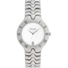 Bulova Mens Watch Brushed Stanless Steel Silver Hands Solid White Dial 96b12