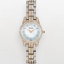 Bulova Stainless Steel Rose Gold Tone Crystal And Mother-Of-Pearl