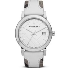 Burberry Silver Watch with White Check Strap, 38mm