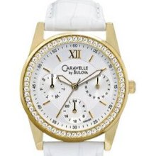 Caravelle By Bulova Gold Round Dial Ladies Watch W/White Band