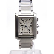 Cartier Tank Francaise Chronograph Ss Box & Papers White Dial Quartz Watch