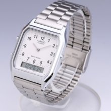 Casio Casual Silver Analog Digital Silver Watch White Dial Face Alarm Aq230