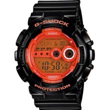 Casio Mens G-Shock Multifunction Resin Watch - Black Rubber Strap - Orange Dial - GD100HC-1