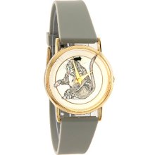 Cat & Moving Mouse Ladies Gold Tone Gray Rubber Band Quartz Watch