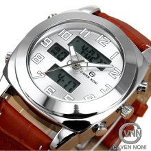 Caven Noni Mens Luxury White Digital Lcd Stopwatch Leather Quartz Dress Watch