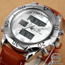 Cavennoni Men Lcd Date Analog White Dial Brown Leather Sport Watch Dailyetrade