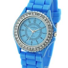 Children's Sky Blue Silica Gel Watchbannd Round Face Crystal Around Dail