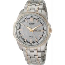 Citizen BM8496-51A Mens Two Tone Stainless Steel Dress Silver Tone Dial Textured Bezel Link Bracelet