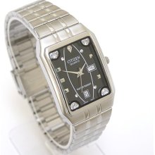 Citizen Crystals Day Date Black Rectangle Face Steel Men's Watch