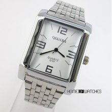 Classical Lady Women Rectangle Case Steel Wrist Quartz Watch White Dial