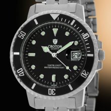 Croton Eraganto Mens Watch-black Dial&bezel-green Indices-ss Bracelet -msrp $225