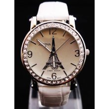 Crystal Decorated Eiffel Tower Ladies Women White Leather Wrist Watch Pw10