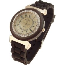 Crystal Round Dial Wrist Watch with Rubber Band (Brown) - Brown - Rubber