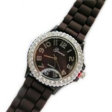 Dark Chocolate Brown Ceramic Silicone Strap Crystal Rim Watch