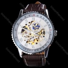 Decent Fashion Men Brown Leather White Roman Dial Tourbillon Mechanical Watch