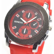 Deluxe Big Round Case Fancy Men's Sport Wrist Watch Red Silicone Band Hours