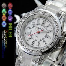 Diamond Crystal Decoration Dial 7 Flash Led Women Lady Quartz Watch Luxury White