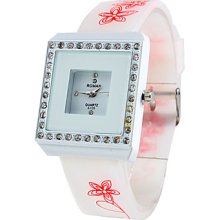 Diamond Women's Square Style Silicone Analog Quartz Wrist Watch (White)