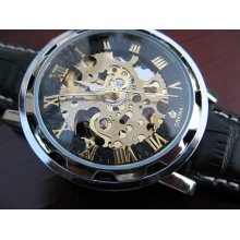 Elegant Luxury Automatic Mechanical Wrist Watch with Black Leather Wristband - Steampunk - Best Man - Groomsmen - Item MWA08