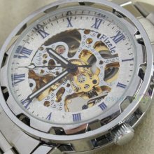 Elegant Steel Mens Automatic Watch Skeleton White Face