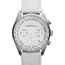 Emporio Armani Chronograph Leather Strap Watch White/ Silver