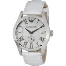 Emporio Armani Gents Round Case Silver Dial White Leather Strap Watch