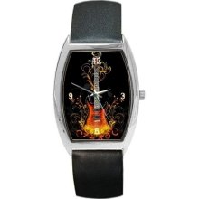 Fantasy Fire Guitar on Barrel Watch w/ Leather Band NEW - Multi-color - Metal