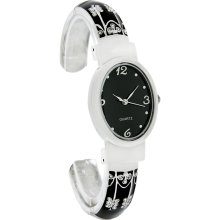 Fashion Ladies Crystal Fleur De Lis Black Enamel Cuff Bracelet Watch GEN558