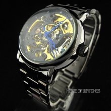 Fashion Mens Hollow Skeleton Black S/steel Blue Hands Automatic Mechanical Watch