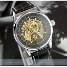 Fashion Mens Skeleton Transparent Mechanical Black Classic Leather Wrist Watch