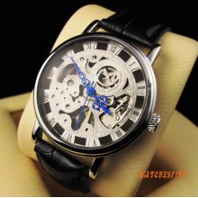 Fashion Men's Visible Skeleton Blue Hands Manual Wind Up Mechanical Wrist Watch