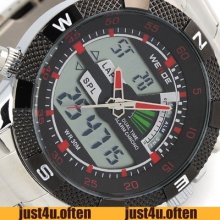 Fashion Stainless Steel Army Sport Wristwatch Dual Time Display Alarm & Week Man