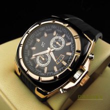 Fashion Unisex Analog Clock Golden Black Rubber Sport Quartz Watch Wristwatch