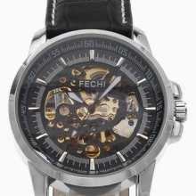 Fechi Black Leather Strap Skeleton Automatic Gents Watch