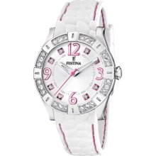 Festina F16541/3 Silver Dial White Rubber Band Crystals On Bezel Women's Watch