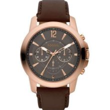 Fossil Grant Rose Gold Tone Brown Leather Chronograph Watch Men's Fs4648