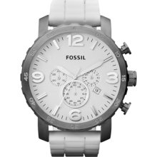 Fossil Men's Nate JR1427 White Silicone Analog Quartz Watch with White Dial