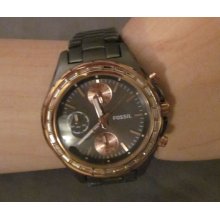 Fossil Watch Gun Metal Band with Rose Colored Gold Face Frame and Clear Crystal Decor-decorative but understated