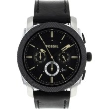 Fossil Watches Men's Machine Chronograph Black Dial Black Leather Blac