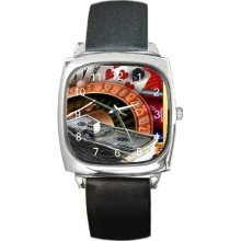 Gambling, Roulette, Poker, Dice Watch w/Leather NEW - Multi-color - Silver Tone