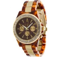 Geneva Faux Chronograph Watch W/ Rhinestone -tortoise/gold