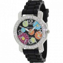 Geneva Platinum Women's 9521.Silver.Black.Multi Black Silicone Quartz Watch with Black Dial