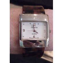 Geneva Watch Tortoise Cuff Silver Tone Bezel White Dial Women's