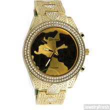 Gold Finish World Map Dial Iced Out Big Face Watch